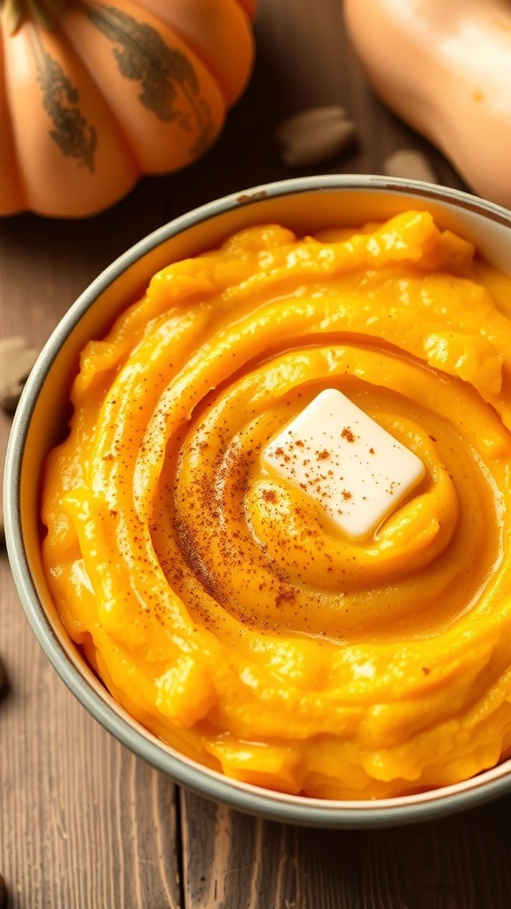 Creamy Mashed Honeynut Squash Recipe A bowl of creamy mashed honeynut squash garnished with cinnamon and butter on a rustic table.